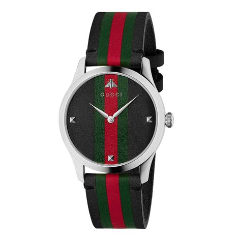 small female gucci red green stripe with leather strap watch|Gucci watch black leather strap.